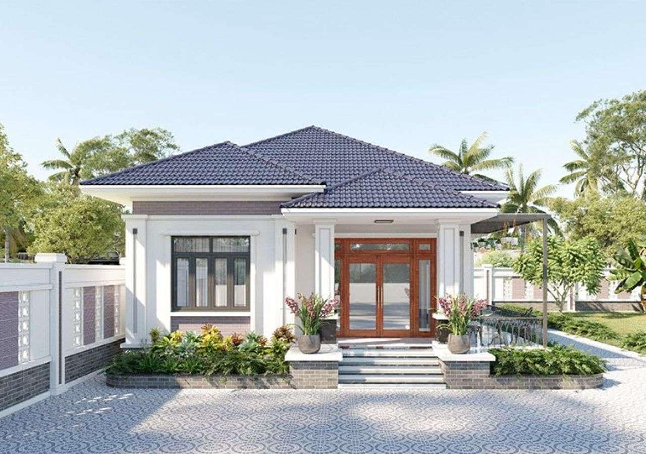 Nhà cấp 4 150m2 mái Thái lợp ngói, hiên cột trắng