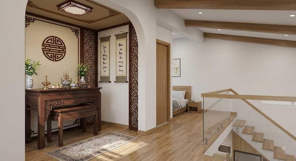 Không gian 4x12m có phòng thờ được phân chia khéo léo, đảm bảo công năng mà không làm hẹp diện tích lọt lòng