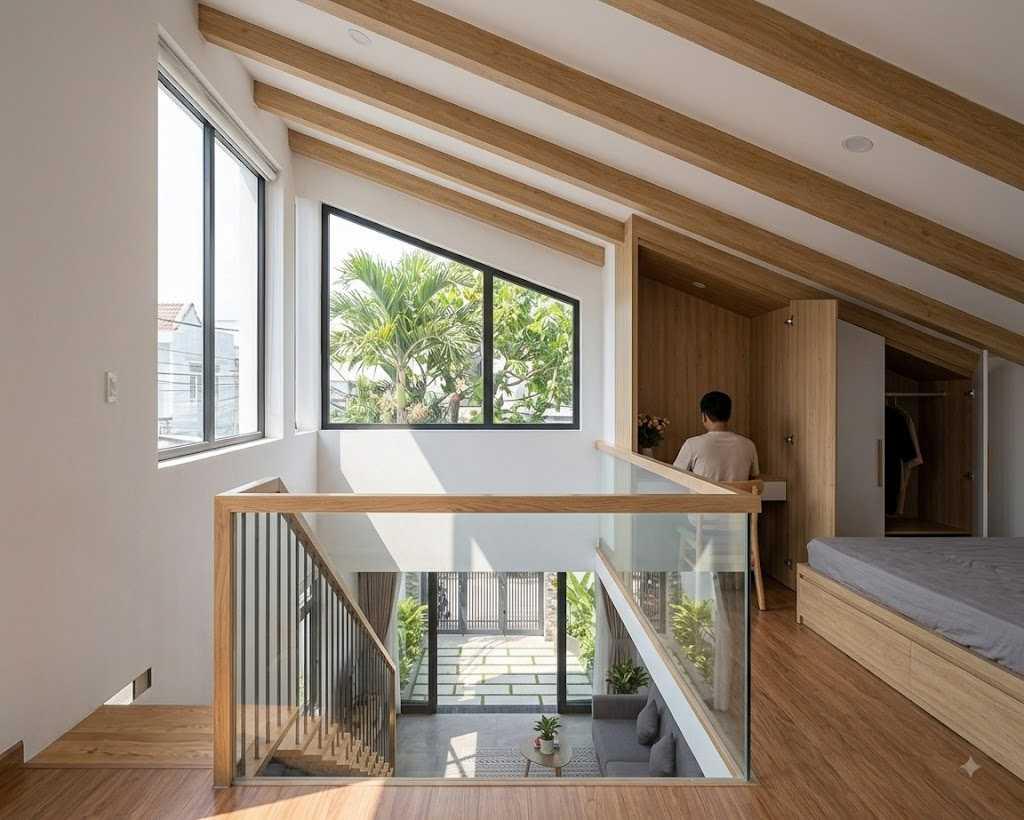 Khoảng trần cao dưới mái lệch còn góp phần cải thiện thông gió tự nhiên, mang lại không gian sống thông thoáng và dễ chịu ái chống nóng