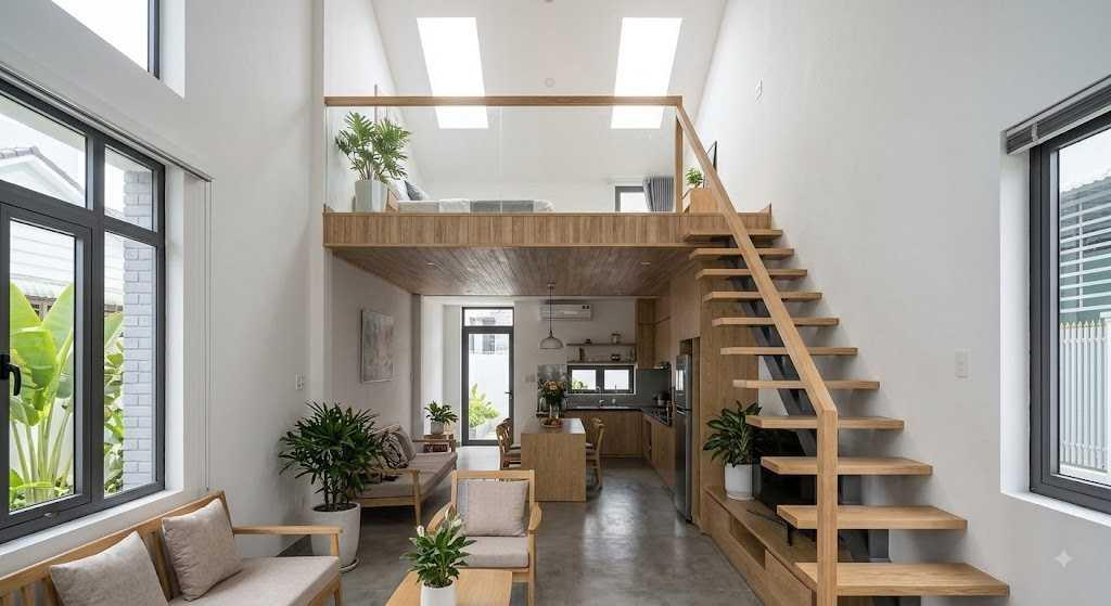 Gác lửng trung tâm được gia chủ tận dụng làm góc làm việc mở ngập tràn ánh sáng