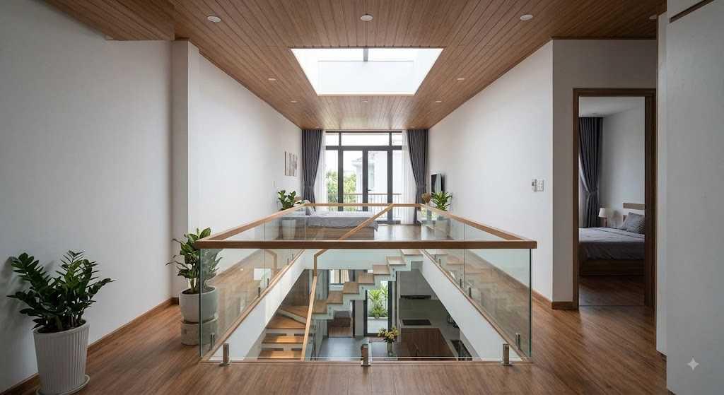 Bố trí giếng trời đan xen giữa các phòng ngủ giúp ngôi nhà luôn thông thoáng