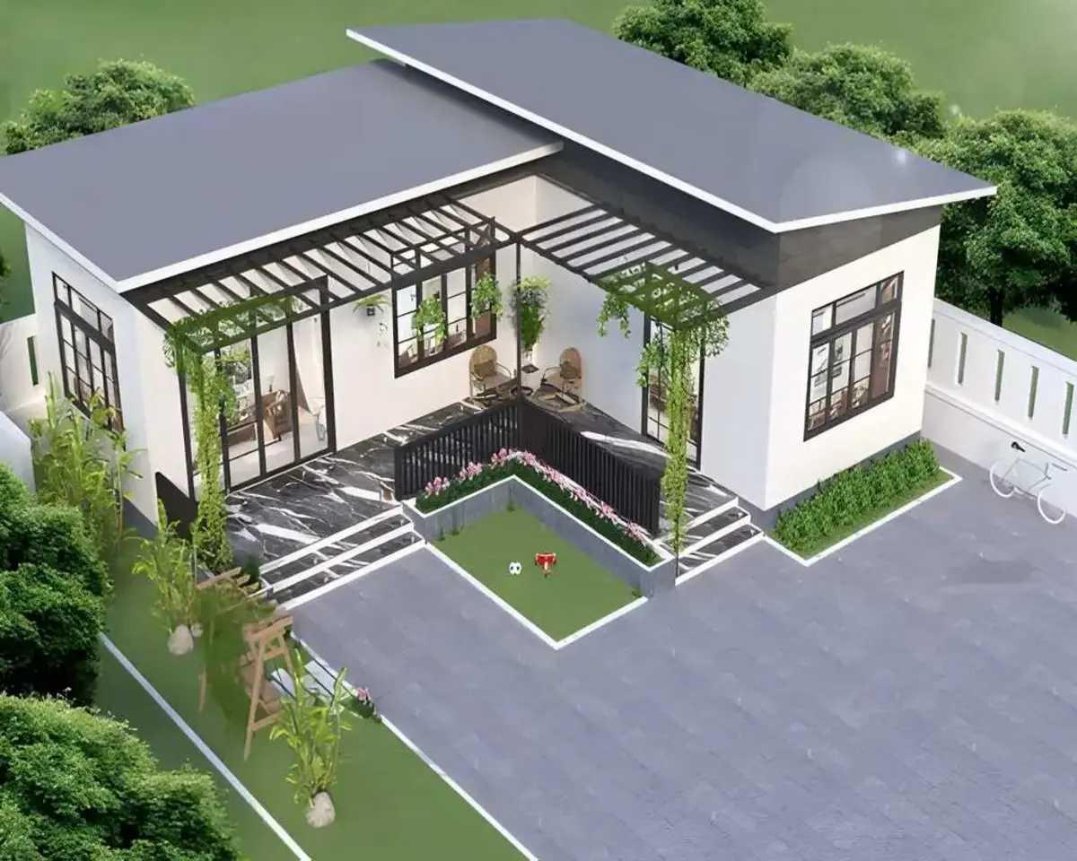 Thiết kế nhà cấp 4 7x20 chữ L có gác lửng có thể bố trí thêm hiên hoặc sân vườn bên hông nhà (Nguồn: Internet)