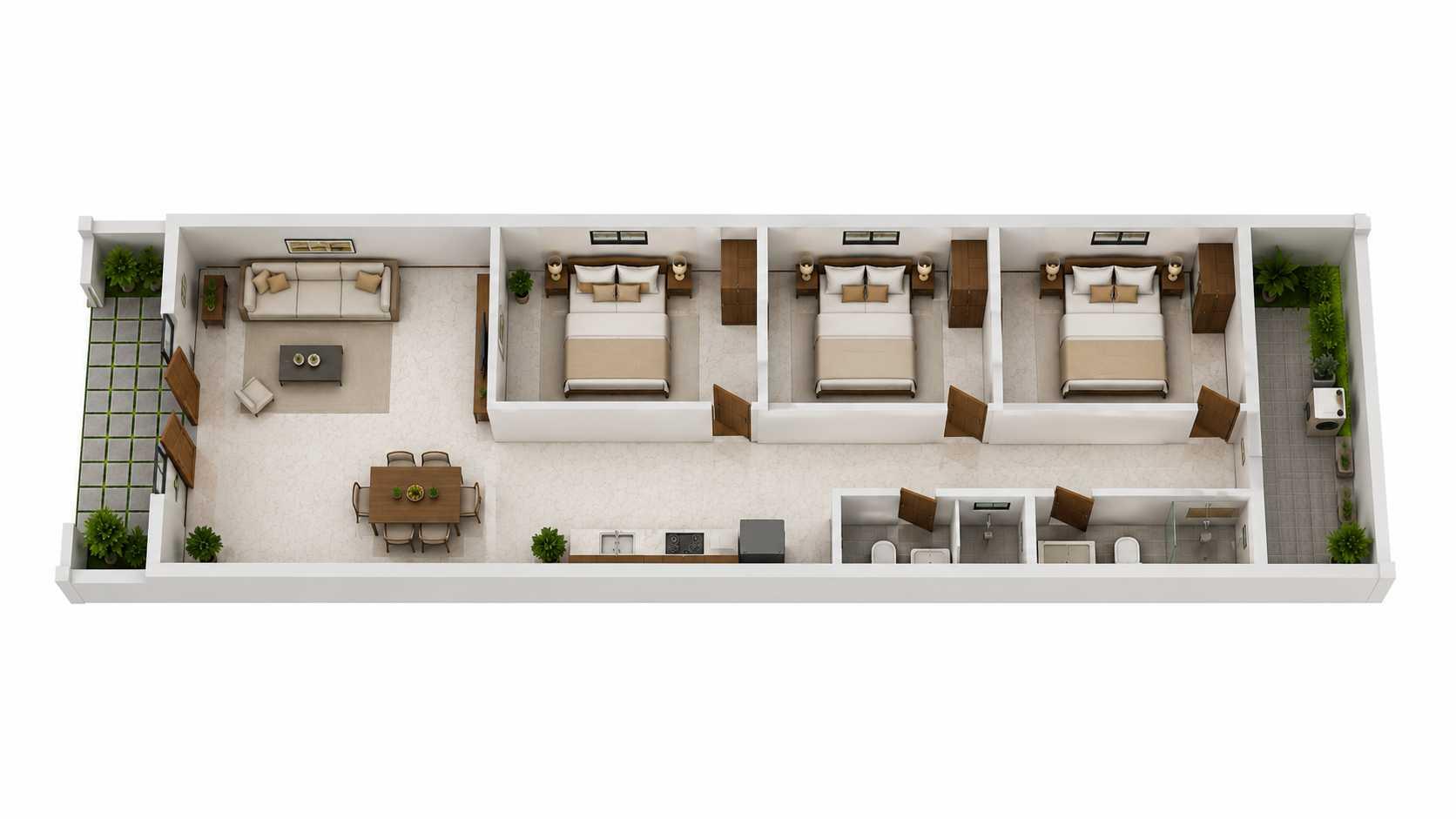 Bản vẽ mặt bằng 3D mẫu nhà cấp 4 6x25m 3 phòng ngủ bố trí khoa học