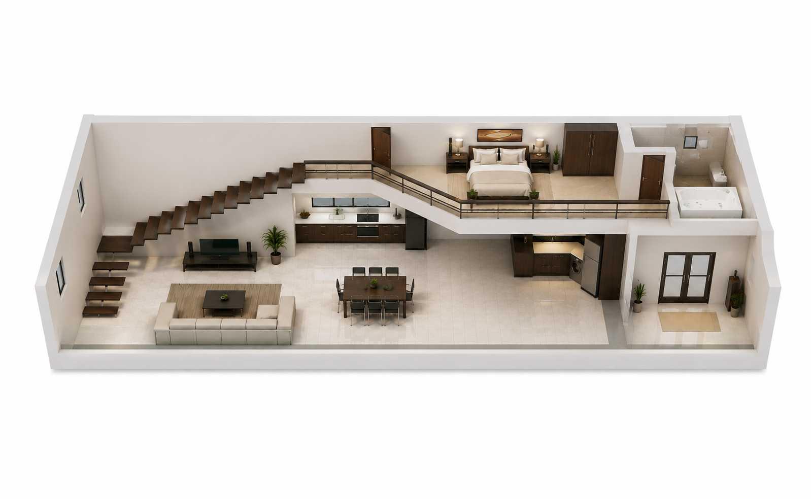 Mặt bằng 3D nhà cấp 4 6x25m có gác lửng tối ưu diện tích