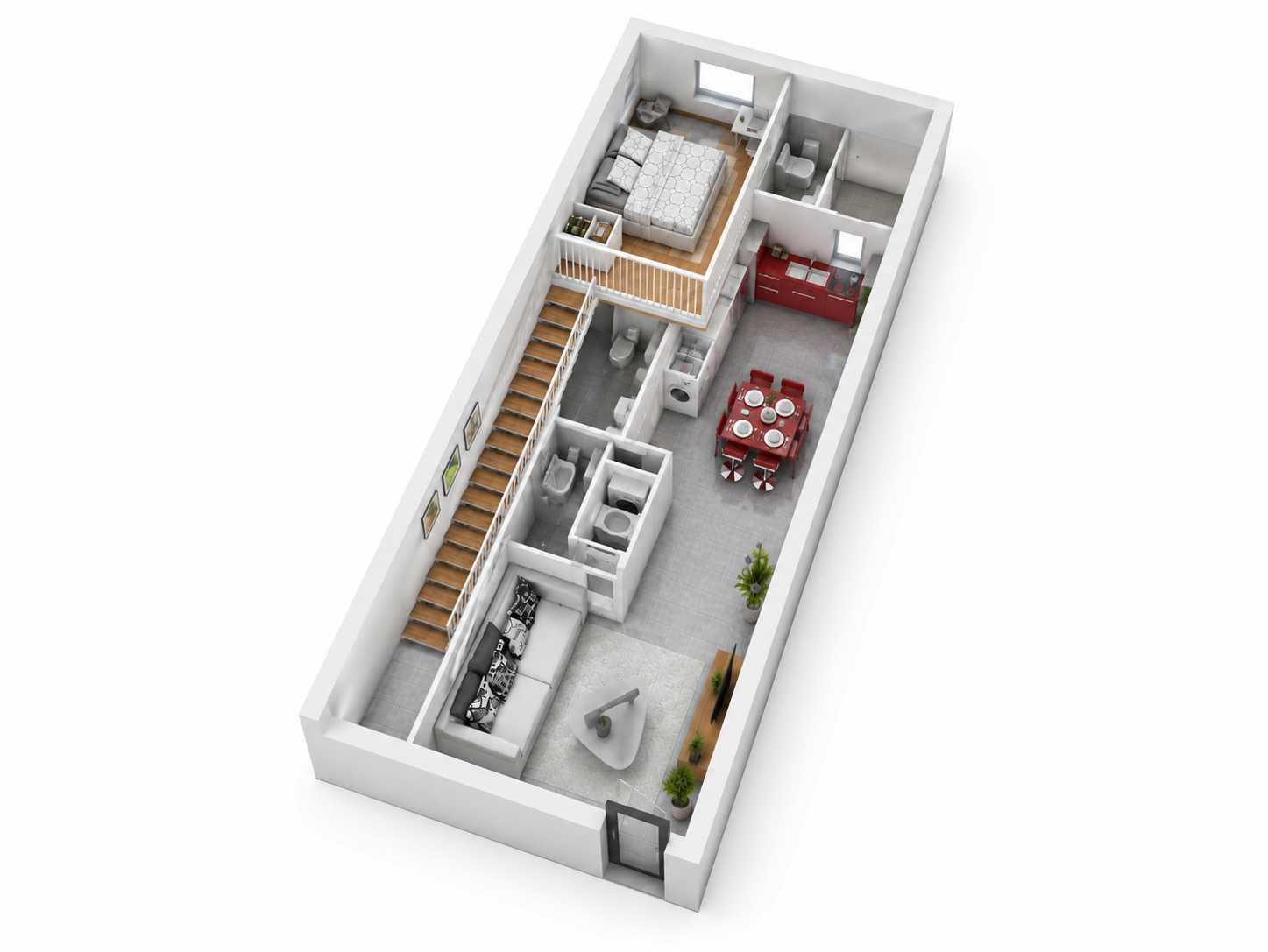 Sơ đồ bố trí nội thất nhà cấp 4 diện tích 6x25m có gác lửng rộng rãi