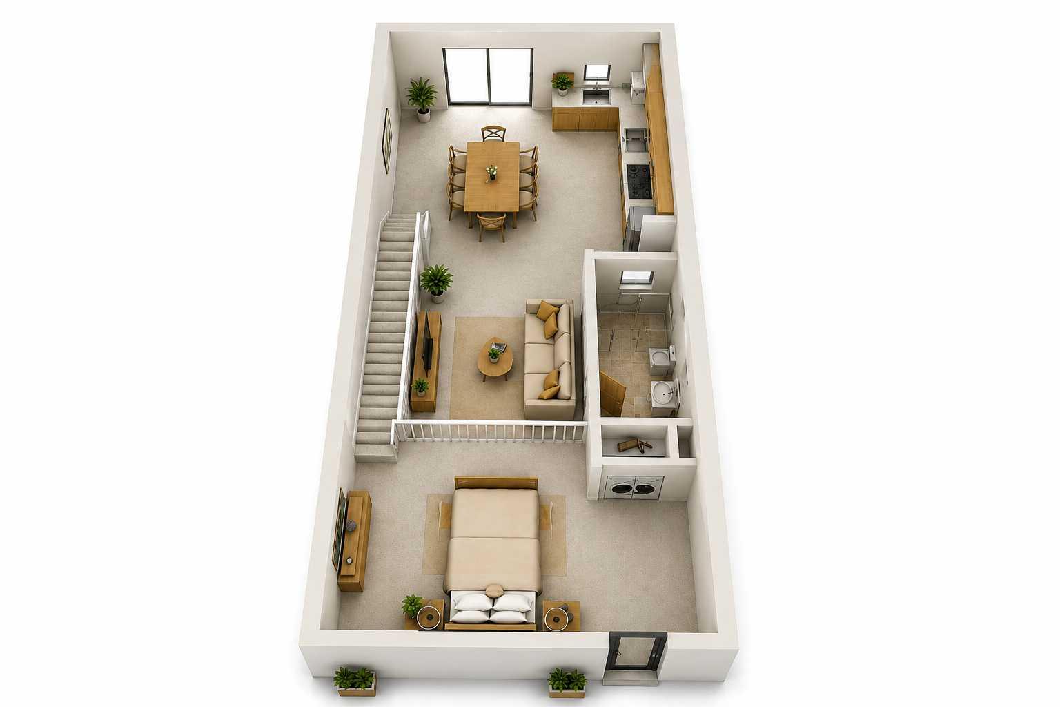 Phối cảnh mặt bằng tổng thể nhà cấp 4 6x25 có gác lửng thoáng đãng