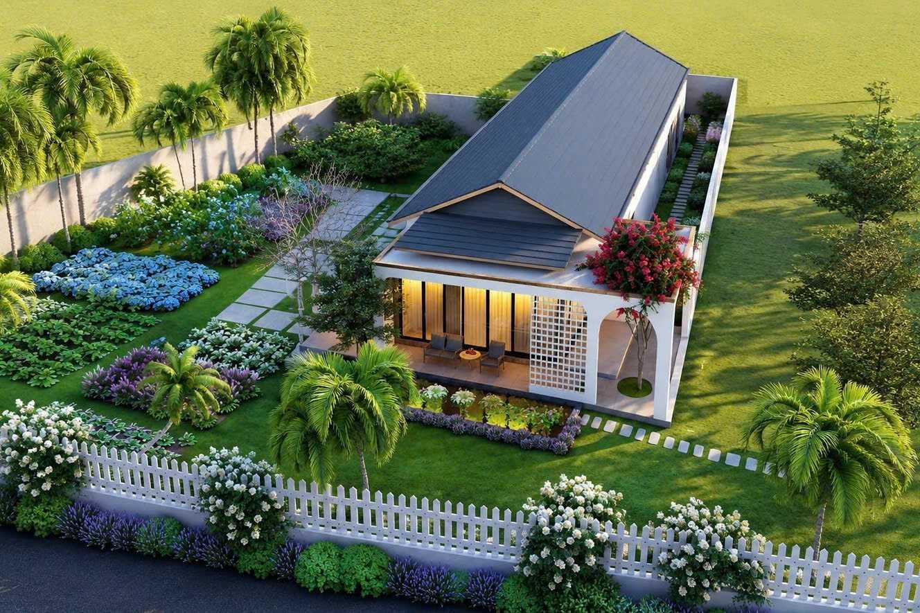 Phối cảnh mặt tiền nhà cấp 4 6x25 có sân vườn thoáng đãng, gần gũi với thiên nhiên