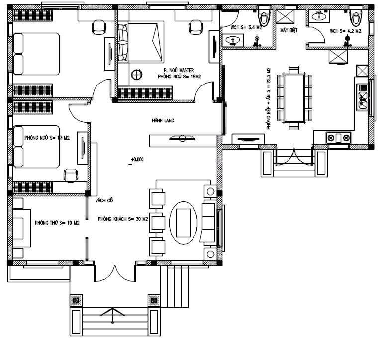 Mặt bằng nhà cấp 4 chữ L 4 phòng ngủ 160m²