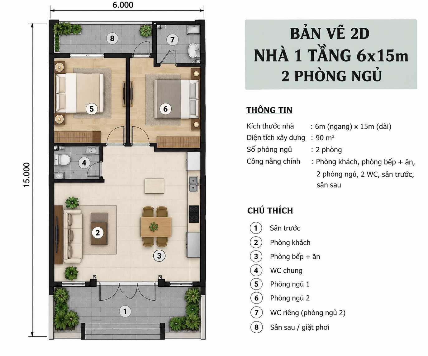 Bản vẽ mặt bằng nhà 6x15m với 2 phòng ngủ liền kề, phòng khách và bếp ăn