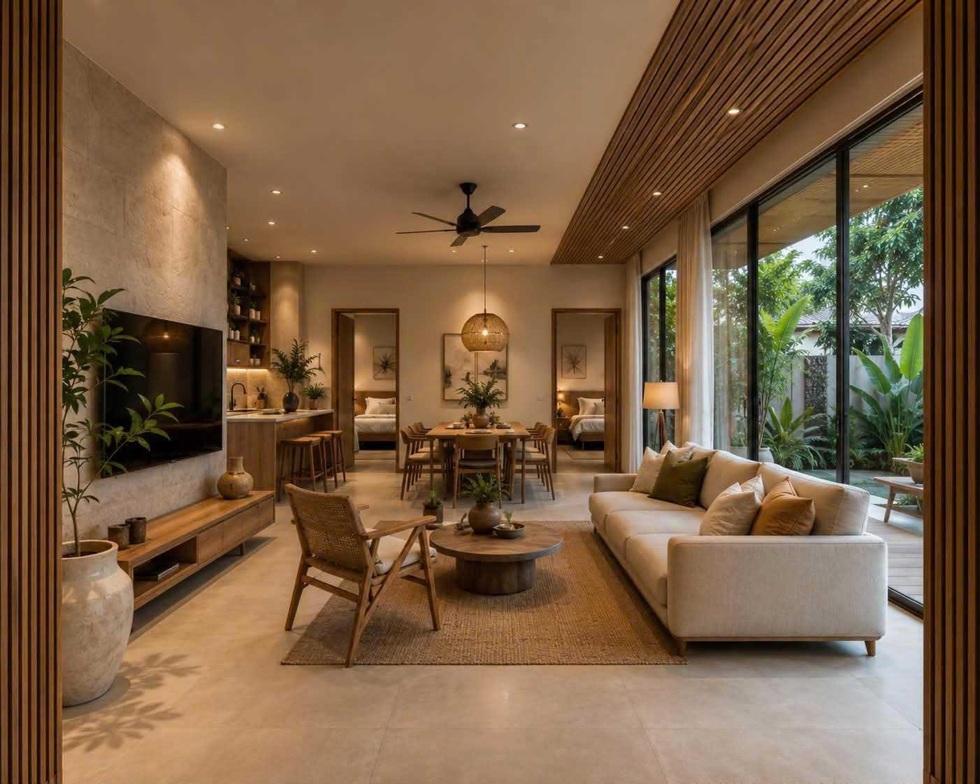 Mẫu nhà cấp 4 2 phòng ngủ với thiết kế không gian mở, kết nối phòng khách, bếp và sân vườn