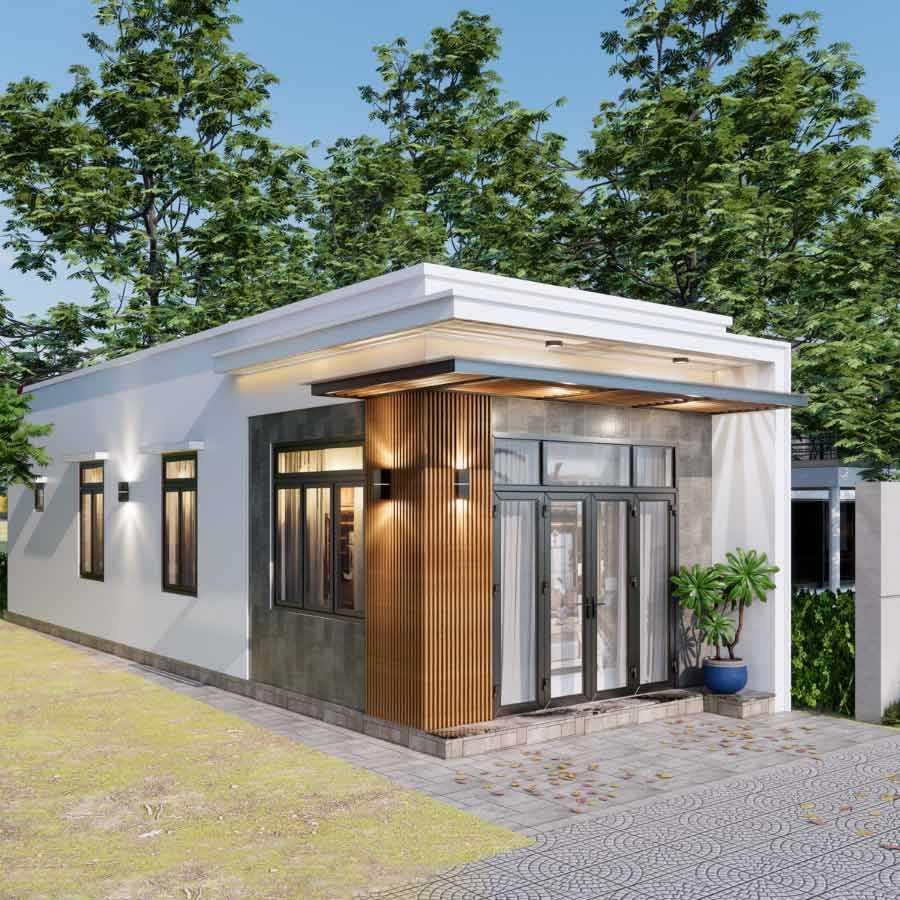 Mẫu nhà cấp 4 mái bằng diện tích 4x15m hiện đại kết hợp mảng ốp gỗ hệ cửa kính (Nguồn: Internet)