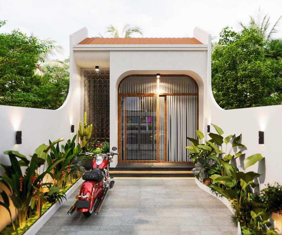 Mẫu nhà cấp 4 ngang 4m dài 15m có sân trước bố trí cây xanh hai bên chỗ để xe (Nguồn: Internet)