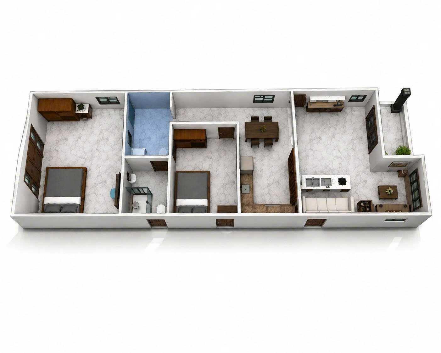 Sơ đồ bố trí công năng 3D mẫu nhà cấp 4 diện tích 5x15m với 2 phòng ngủ khu vực tiện nghi