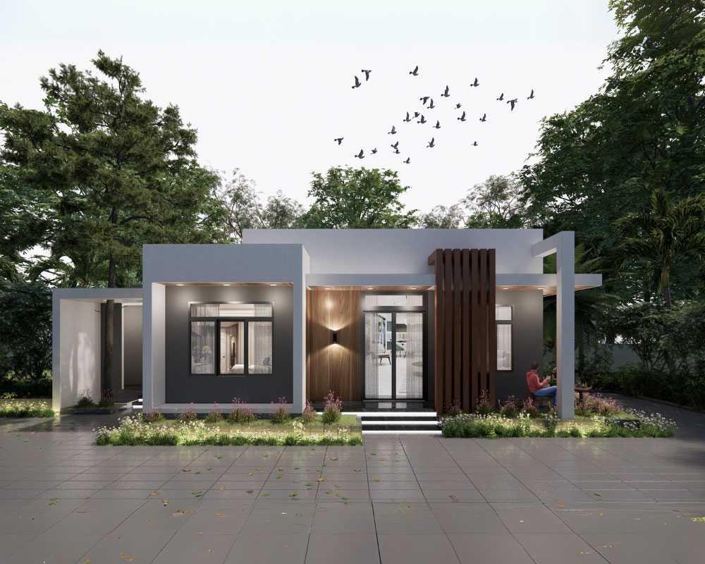 Phối cảnh mặt tiền nhà cấp 4 ngang 5m dài 15m mái bằng hiện đại, khỏe khoắn (Nguồn: Internet)