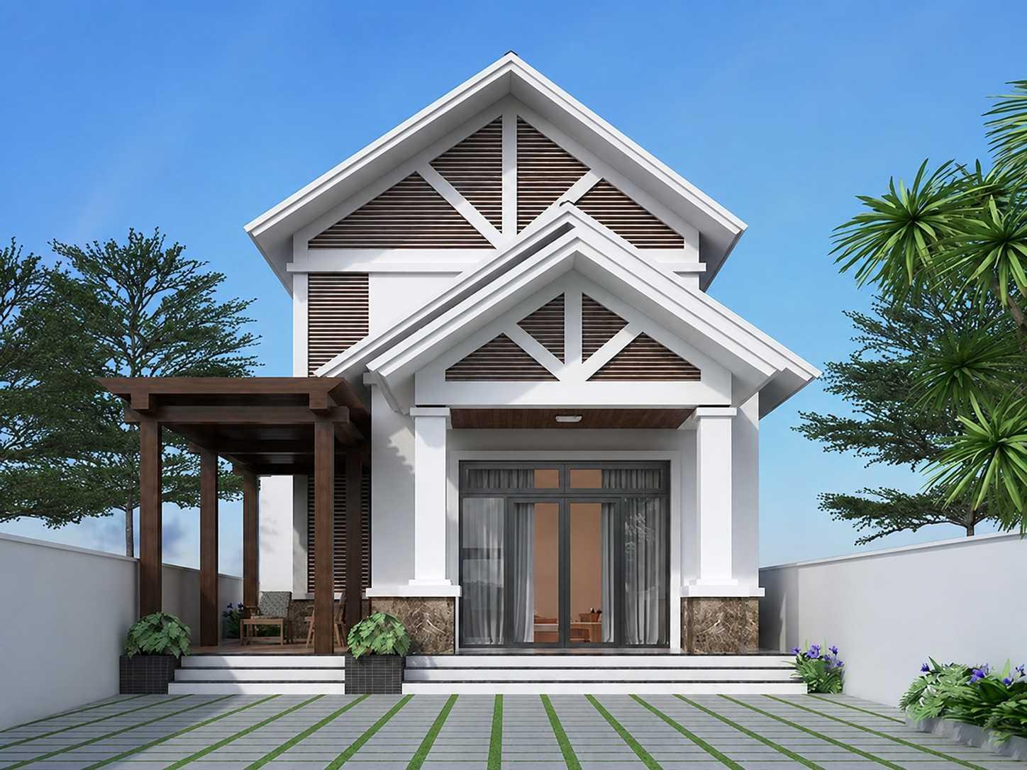 Mẫu nhà cấp 4 ngang 5m dài 15m có gác lửng mái Thái kết hợp giàn lam gỗ trang trí bên hông
