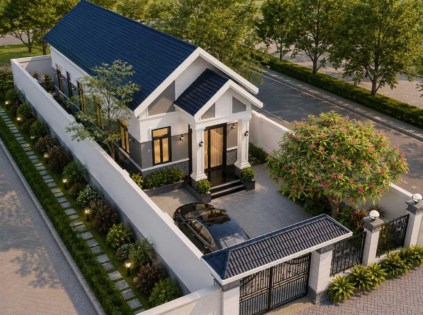 Góc nhìn từ trên cao mẫu nhà cấp 4 diện tích 5x15m thiết kế gara ô tô và sân vườn thoáng đãng