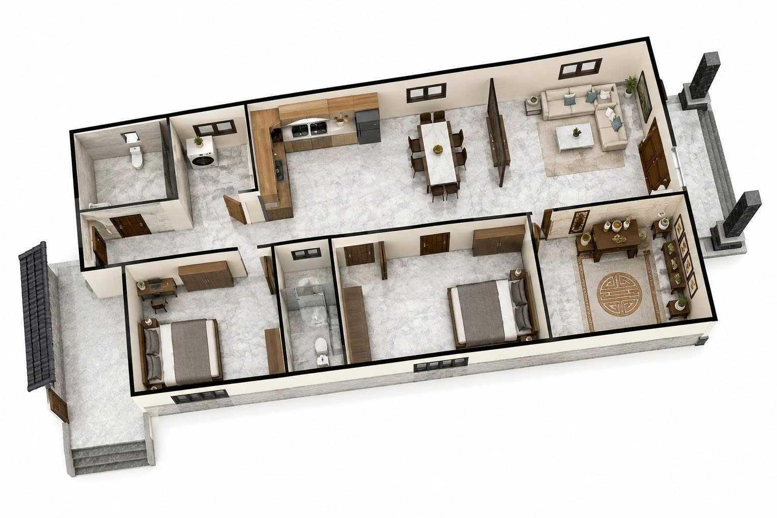 Sơ đồ công năng 3D nhà 5x15m thiết kế phòng thờ trang nghiêm gần phòng khách