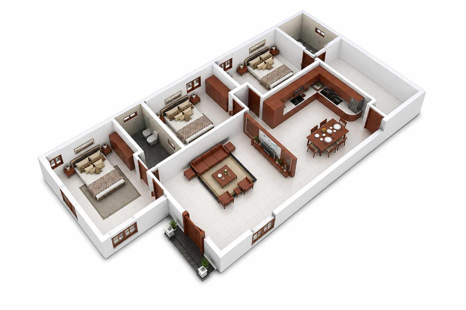 Bản vẽ mặt bằng 3D mẫu nhà cấp 4 ngang 8m 3 phòng ngủ bố trí tối ưu công năng