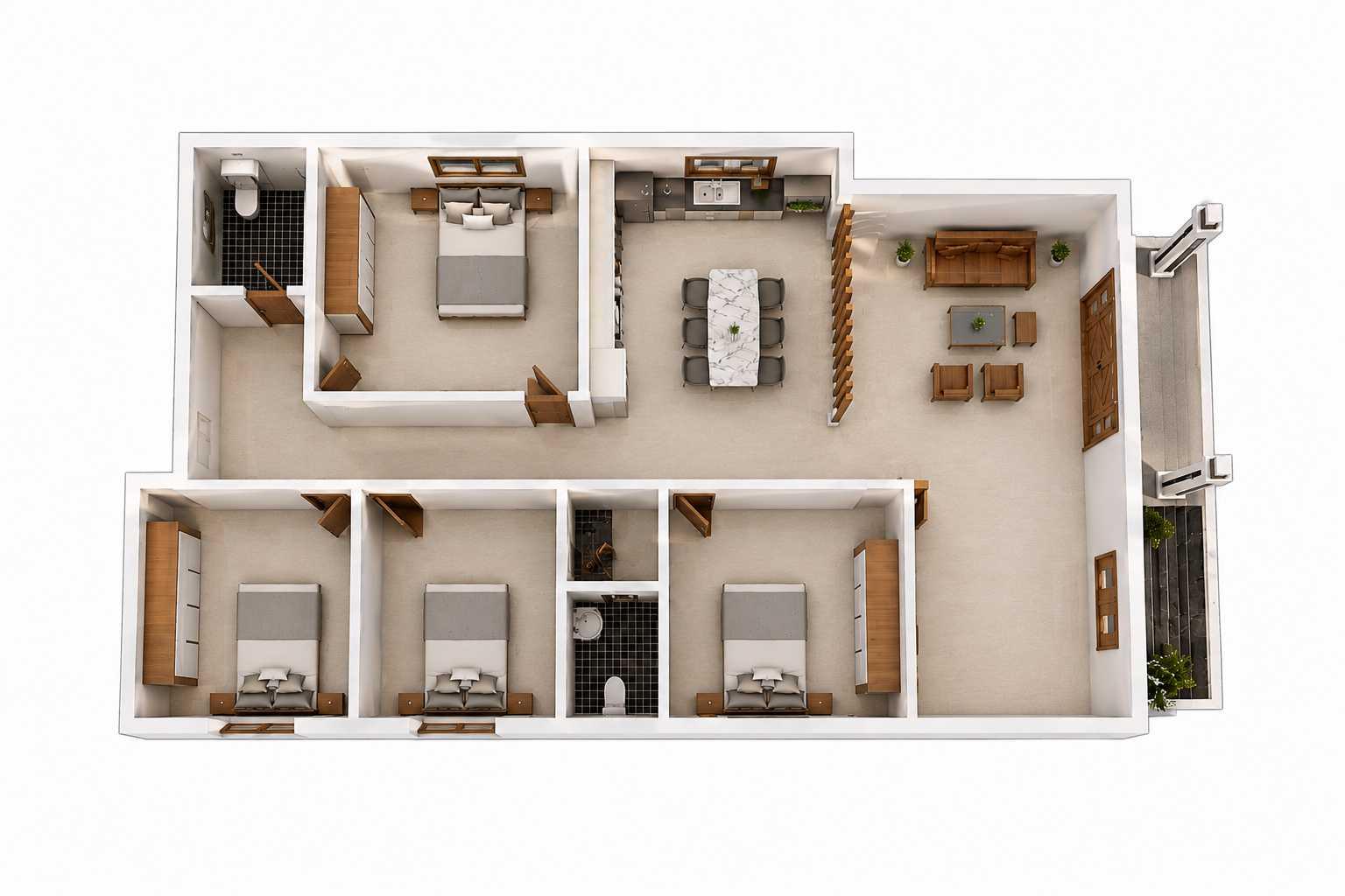 Bản vẽ 3D mặt bằng nhà cấp 4 ngang 8m, 4 phòng ngủ tiện nghi