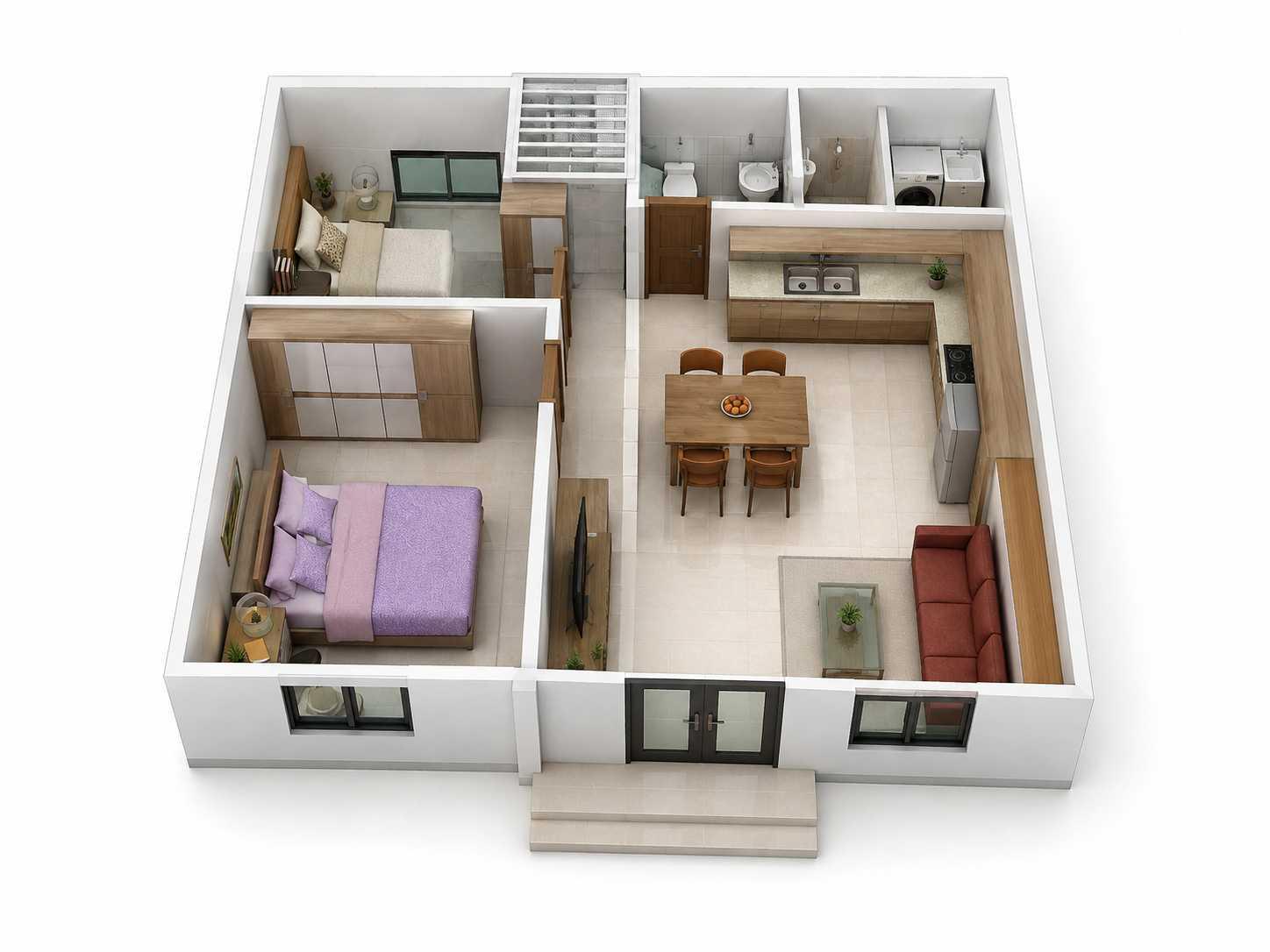 Bản vẽ 3D mặt bằng nhà ngang 8m sâu 6m tối ưu công năng