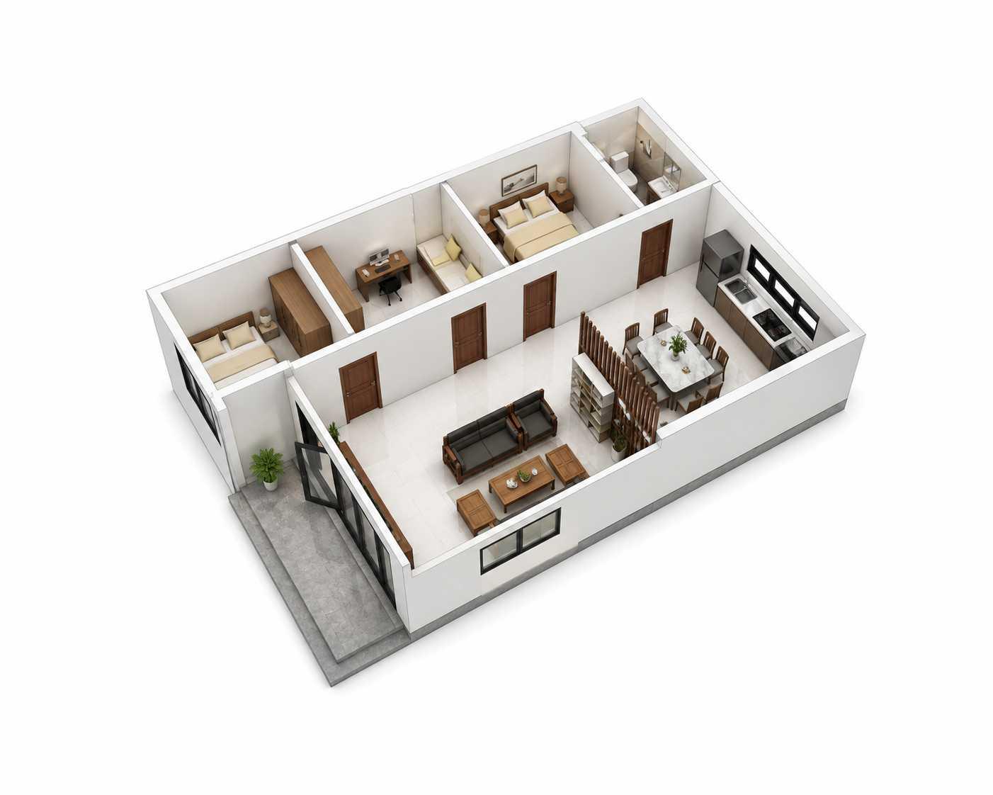 Bản vẽ 3D mặt bằng mẫu nhà ngang 8m sâu 10m bố trí công năng khoa học