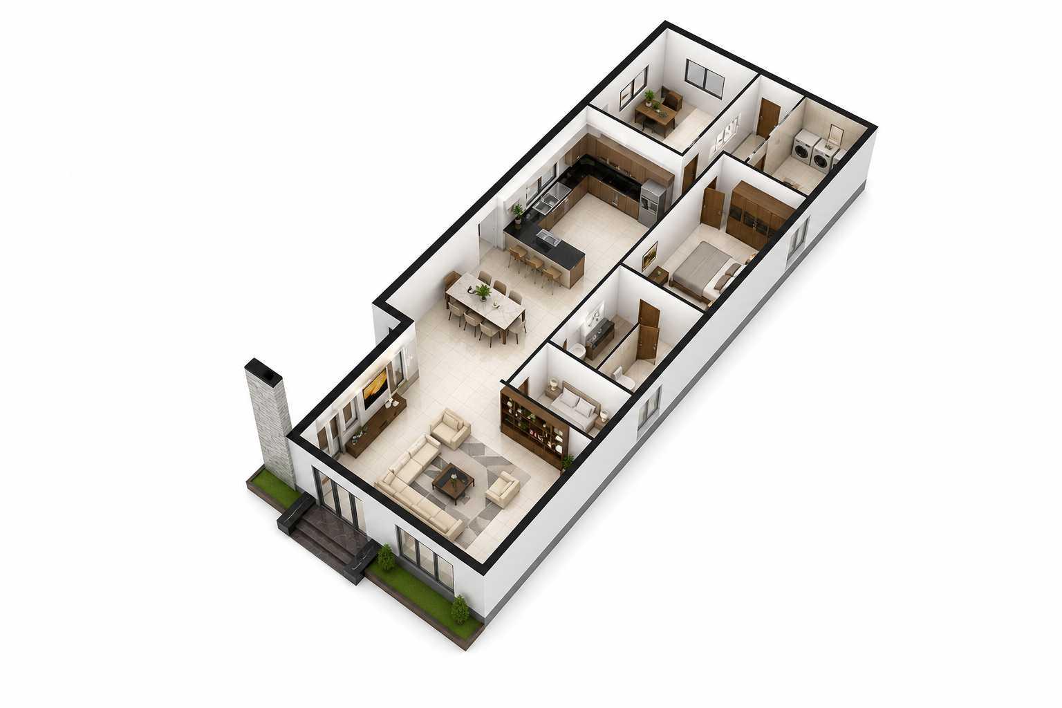 Bản vẽ 3D mặt bằng nhà cấp 4 ngang 8m dài 20m tối ưu công năng