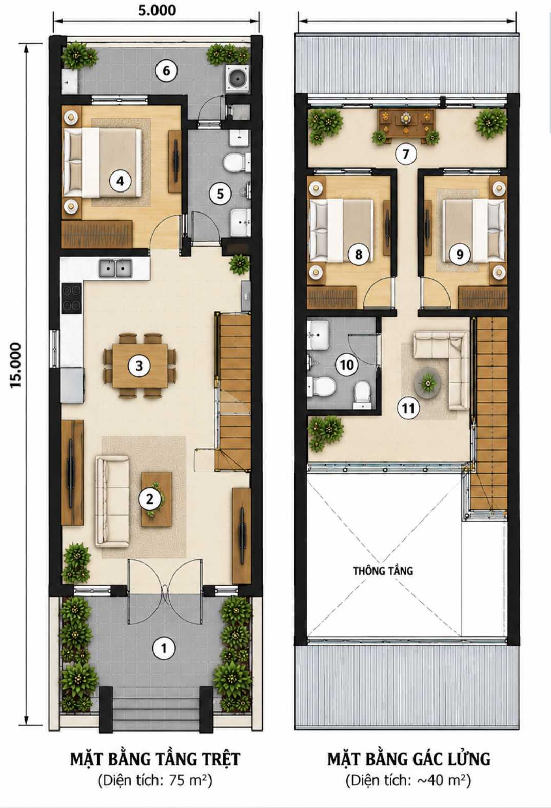 Bản vẽ tầng trệt nhà 5x15m có 1 nhà vệ sinh chung gần khu vực phòng ngủ