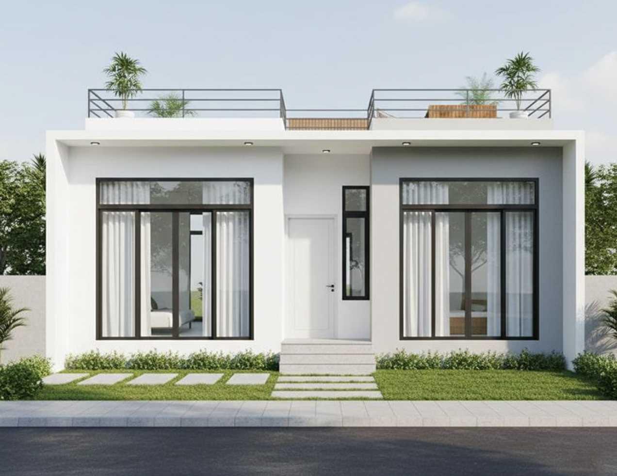 Mẫu nhà cấp 4 mái bằng có 4 phòng ngủ, thiết kế hiện đại với mặt tiền vuông vắn và ít chi tiết trang trí.