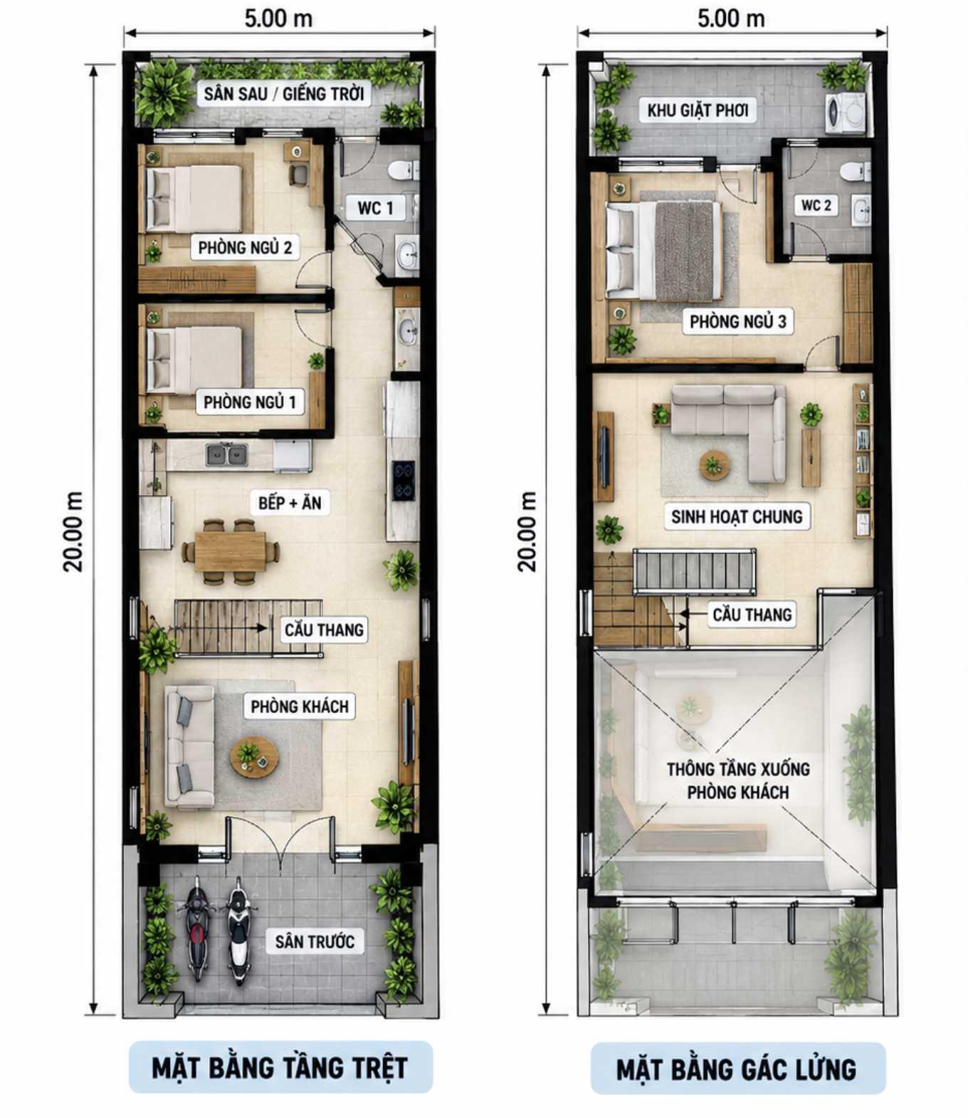 Mẫu nhà cấp 4 5x20m có một phòng ngủ trên gác lửng giúp tăng diện tích sinh hoạt tại tầng trệt (Nguồn: Internet)