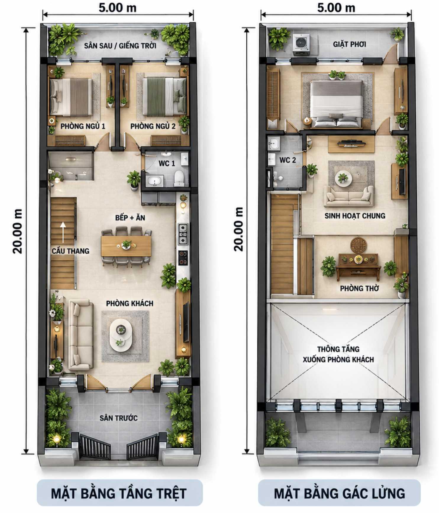 Bản vẽ 3D bố trí công năng nhà 5x20m gồm 2 phòng ngủ tầng trệt, 1 phòng ngủ và 1 phòng thờ trên gác lửng