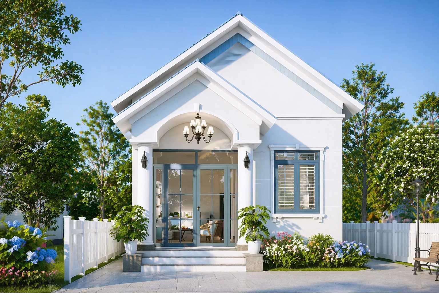 Nhà cấp 4 5x20m mái Thái kết hợp cửa kính lớn giúp tăng ánh sáng tự nhiên cho phòng khách (Nguồn: Internet)