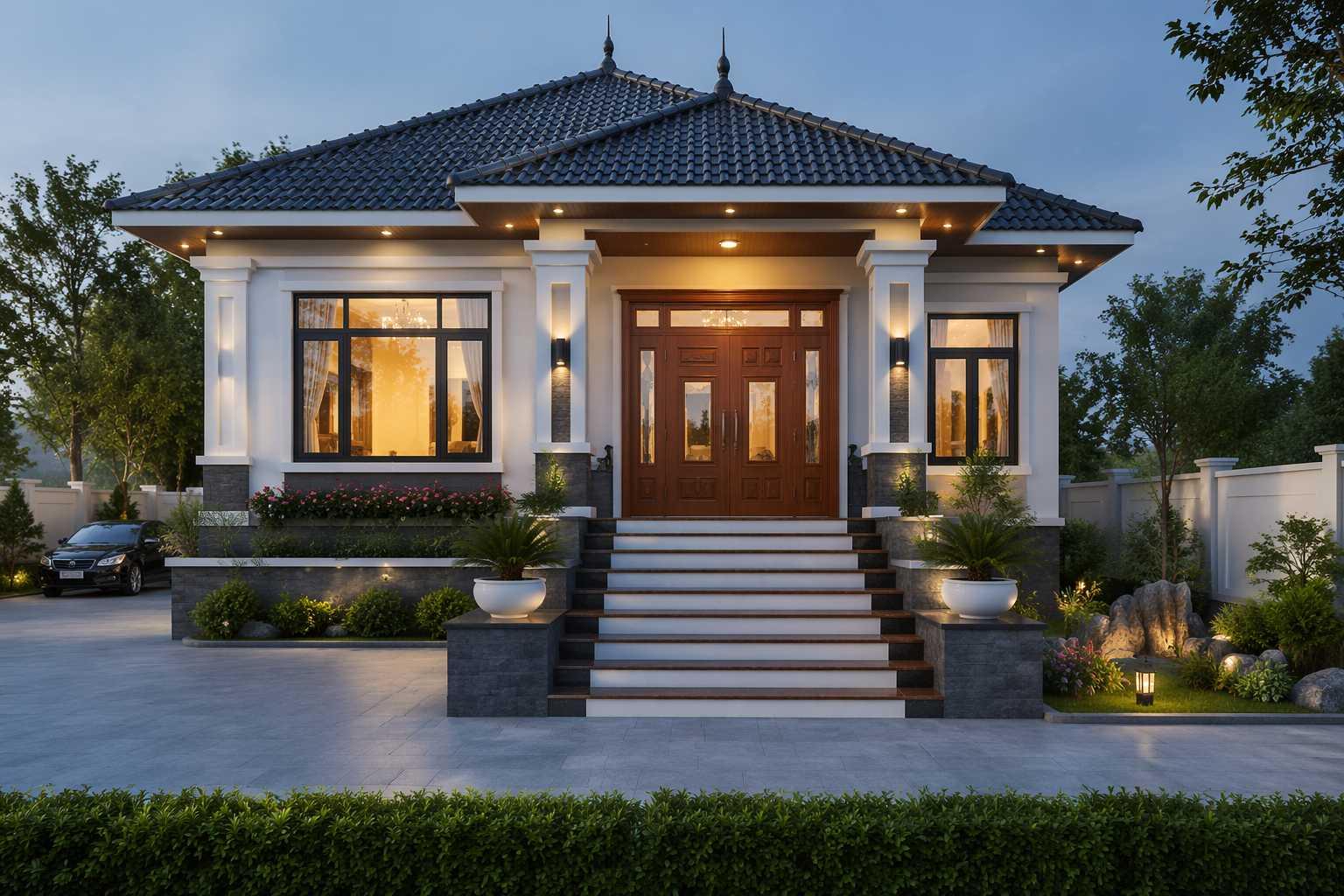Nhà cấp 4 mái Nhật 5x20m sử dụng hệ mái dốc nhẹ tạo tổng thể kiến trúc cân đối (Nguồn: Internet)