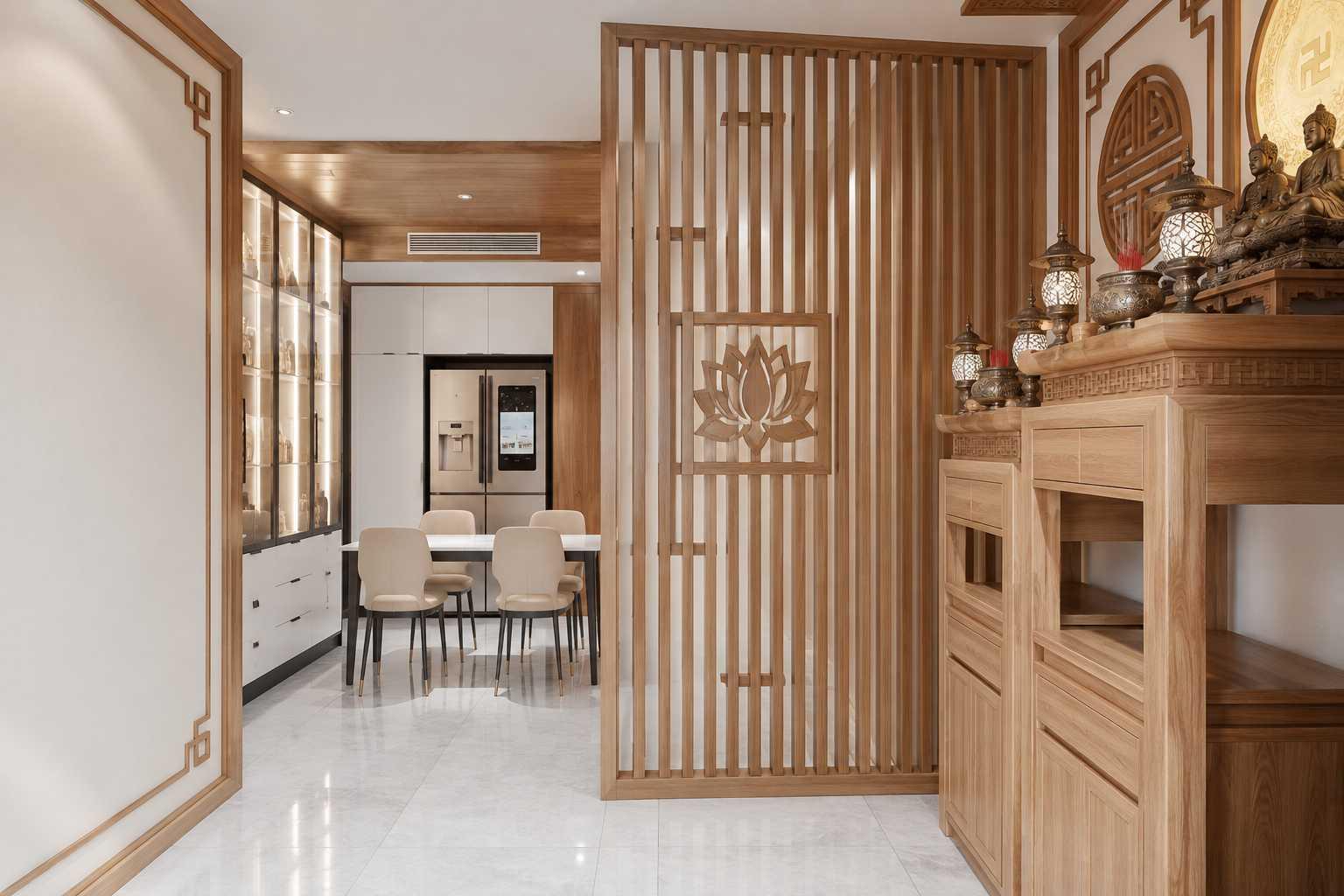Phòng thờ riêng sử dụng vách ngăn tạo sự kín đáo nhưng vẫn kết nối với không gian sinh hoạt