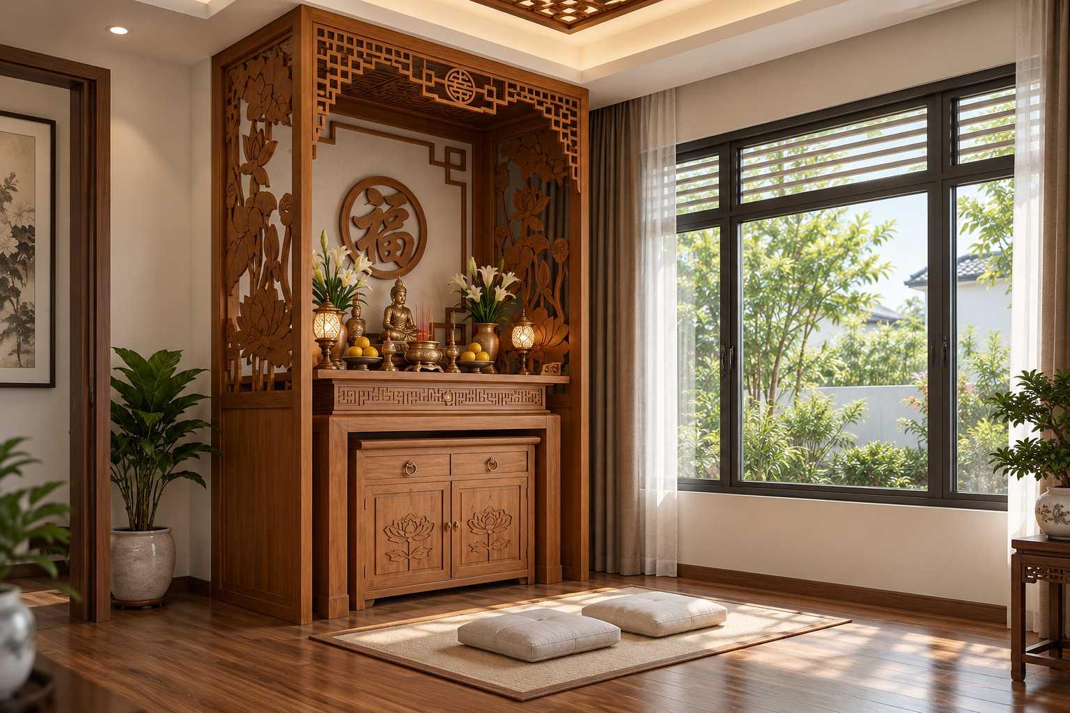 Mẫu phòng thờ riêng sử dụng cửa sổ để bổ sung ánh sáng tự nhiên