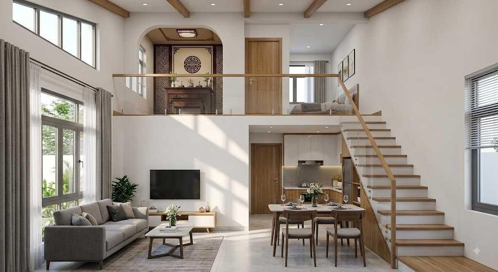 Phòng thờ trên gác lửng sử dụng nội thất gỗ tạo không gian thờ cúng trang nghiêm