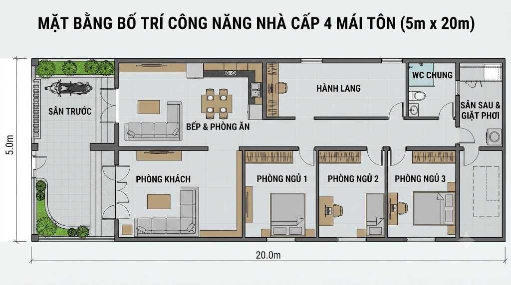 Bản vẽ bố trí công năng nhà 5x20m gồm 3 phòng ngủ, phòng khách, bếp và nhà vệ sinh