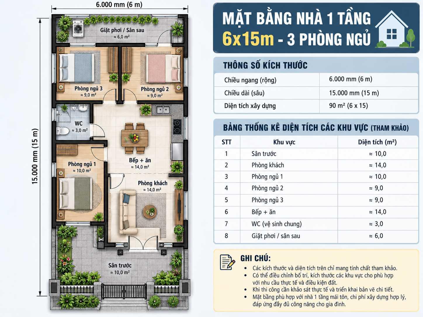 Bản vẽ bố trí công năng nhà 6x15m với 2 phòng ngủ liền kề và 1 phòng ngủ riêng