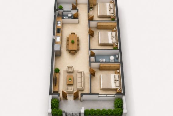 Gợi ý cách sắp xếp 3 phòng ngủ dọc theo hành lang trong nhà cấp 4 6x20m