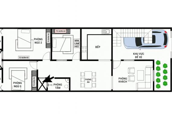Bản vẽ nhà cấp 4 có sân trước hỗ trợ lấy sáng và đậu xe thuận tiện